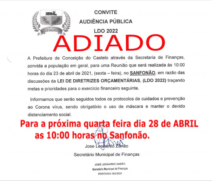 ADIAMENTO DA DATA PARA A AUDIÊNCIA PÚBLICA LDO2022