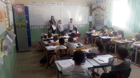 Alunos apresentando as ações do Projeto nas salas de aulas.