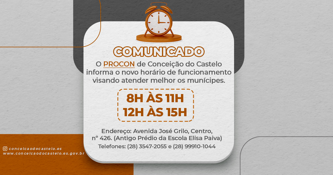 NOVO HORÁRIO DE FUNCIONAMENTO DO PROCON MUNICIPAL 