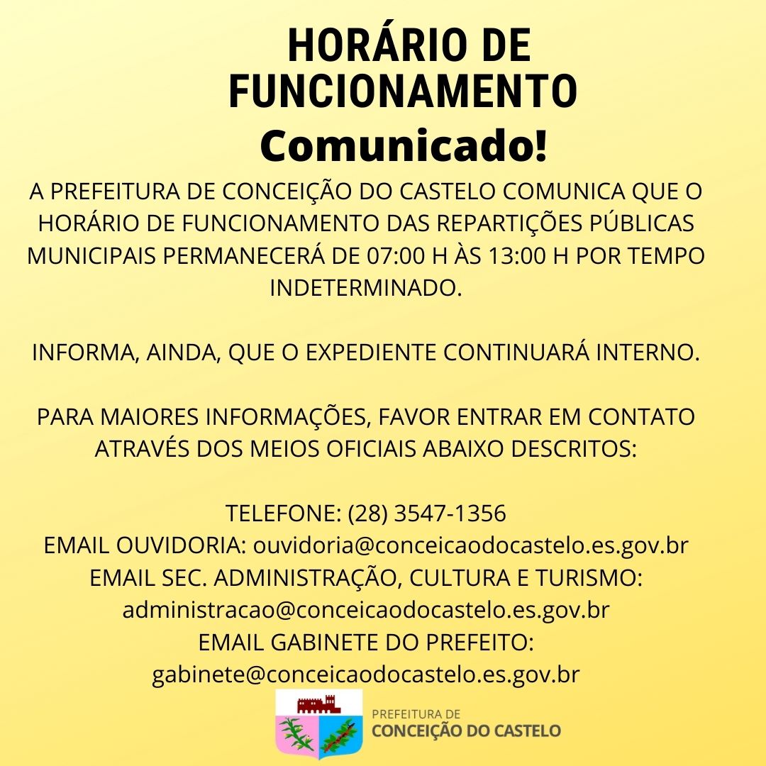 Comunicado de horário de funcionamento interno.