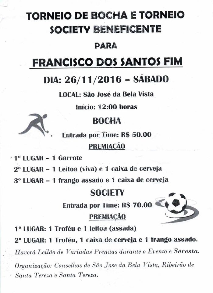 Torneio de Bocha e Society Beneficente em São José da Bela Vista no dia 26 de novembro