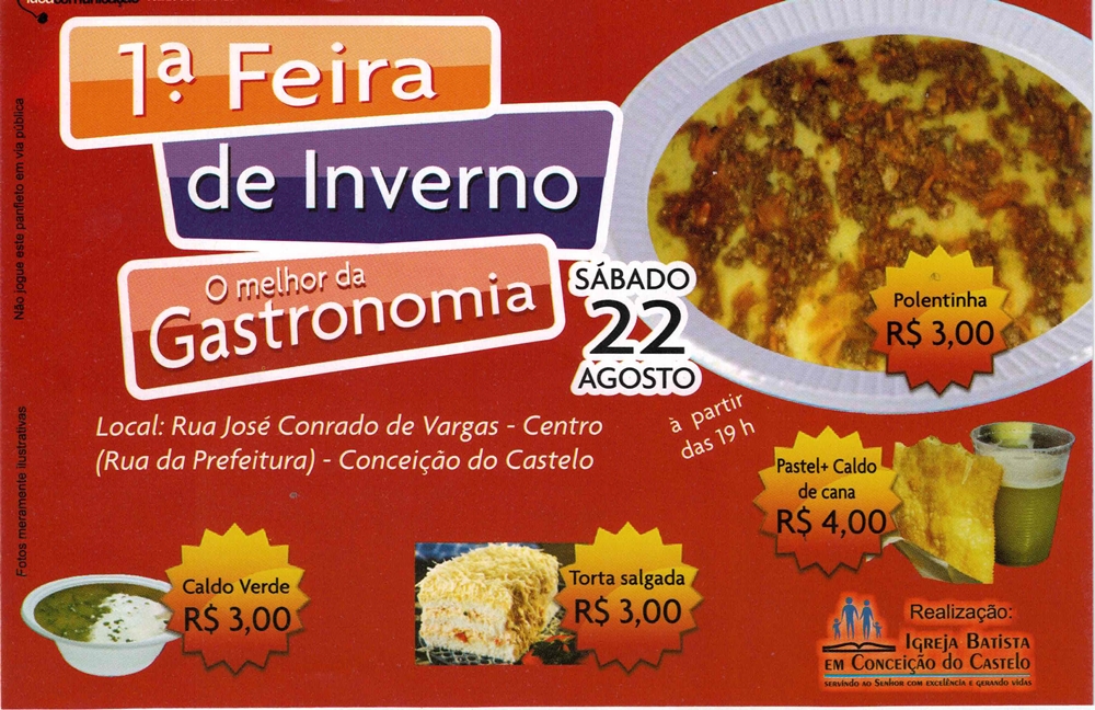 Igreja Batista de Conceição do Castelo realiza neste sábado, 22, agosto a 1ª Feira de Inverno