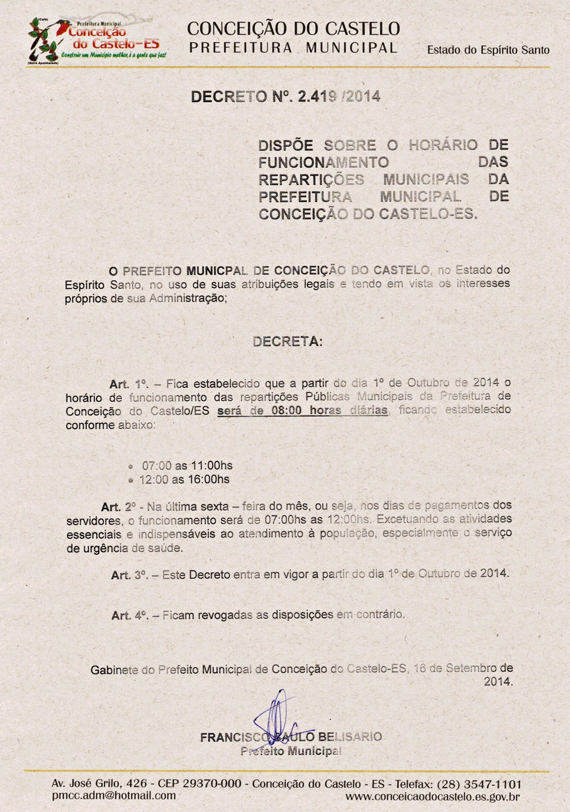 Prefeito decreta novo horário de funcionamento das repartições públicas da Prefeitura Municipal