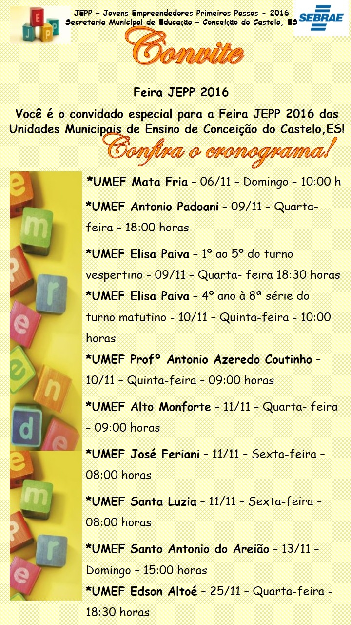 SEMED APRESENTA O CALENDÁRIO DAS FEIRAS DO JEPP NAS ESCOLAS MUNICIPAIS DE CONCEIÇÃO DO CASTELO