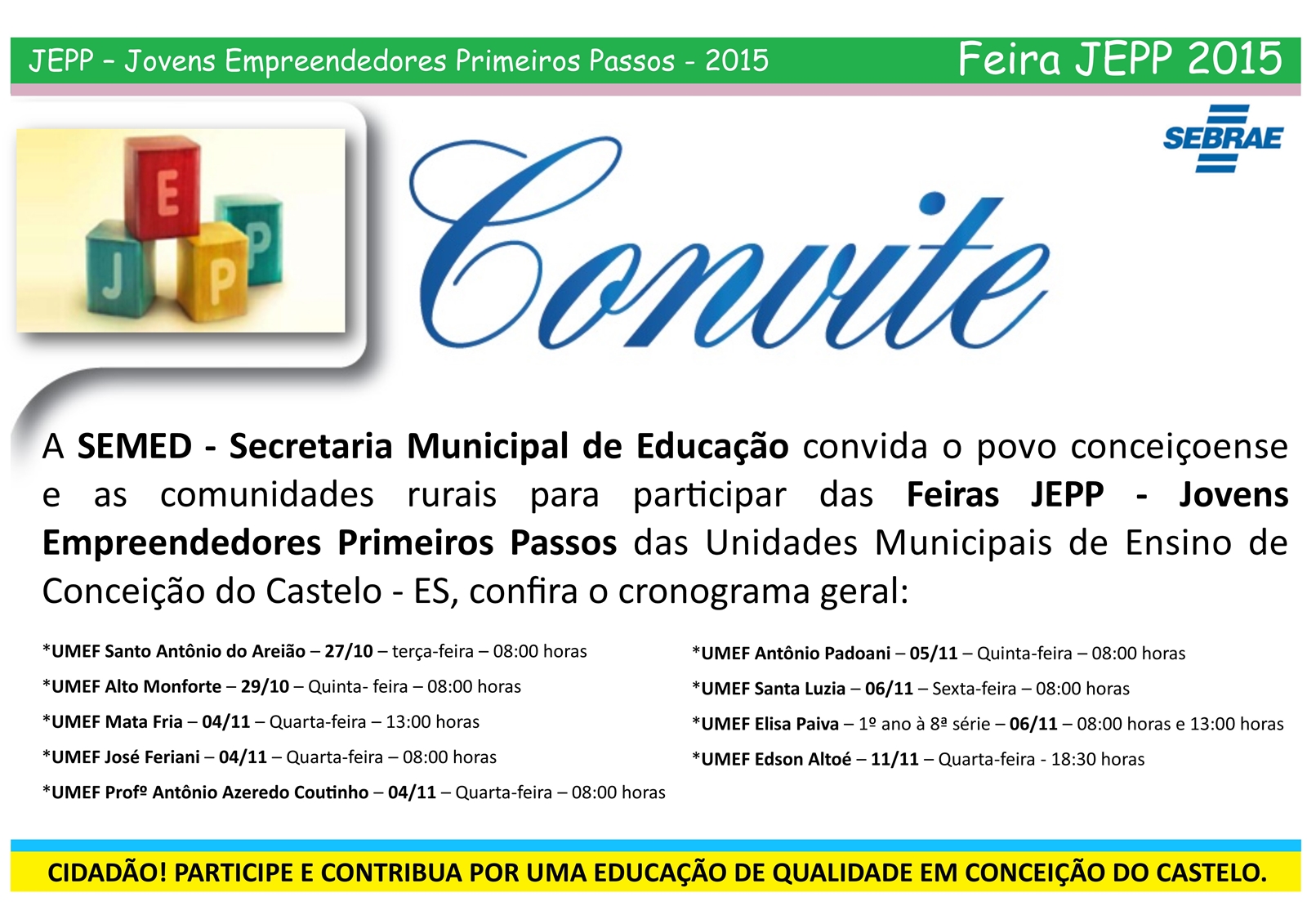 SEMED divulga calendário das oficinas do JEPP 2015