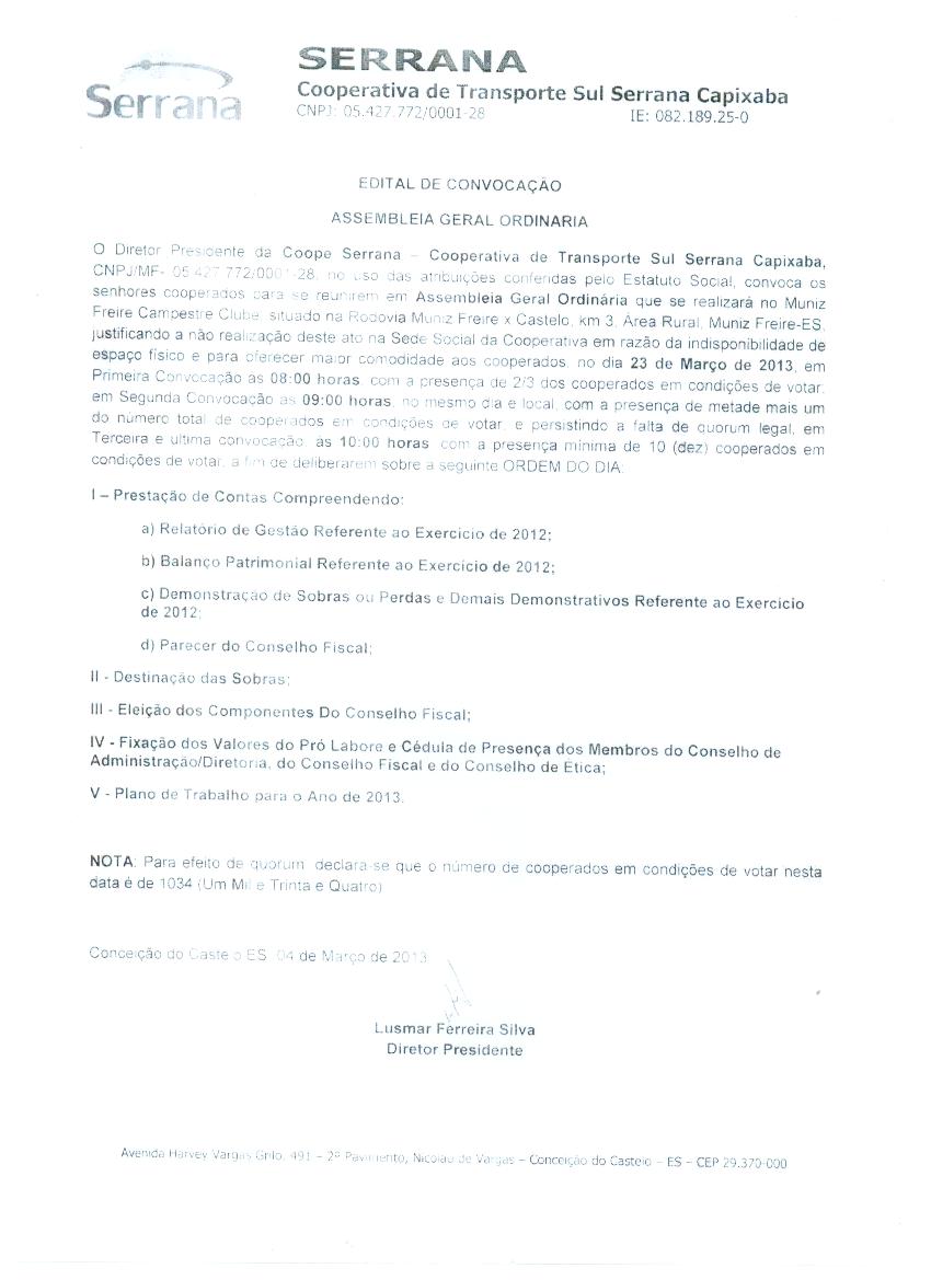 COOPESERRANA realiza assembléia geral ordinária e edital de convocação no dia 23