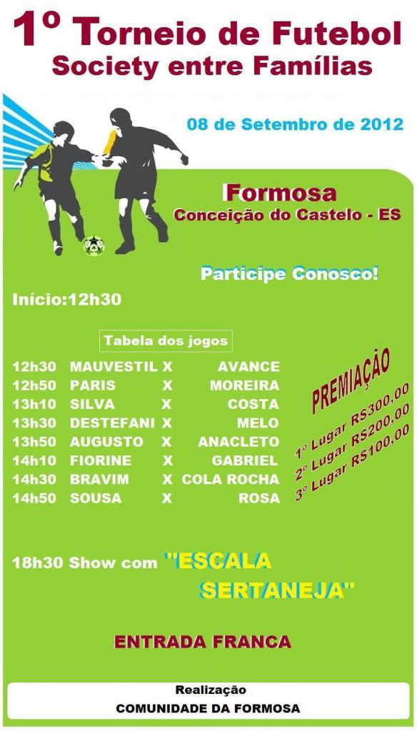 1º Torneio de futebol society entre famílias na comunidade de Formosa dia 08 de setembro 