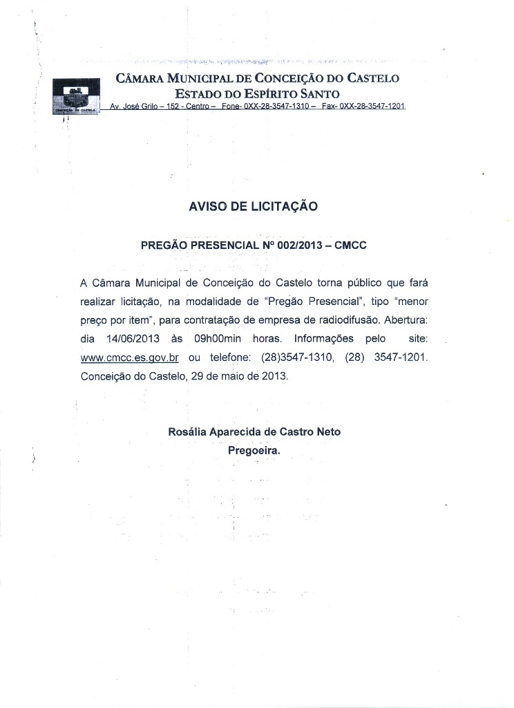 Câmara Municipal divulga pregão presencial n° 002/2013 para contratação de empresa de radiodifusão
