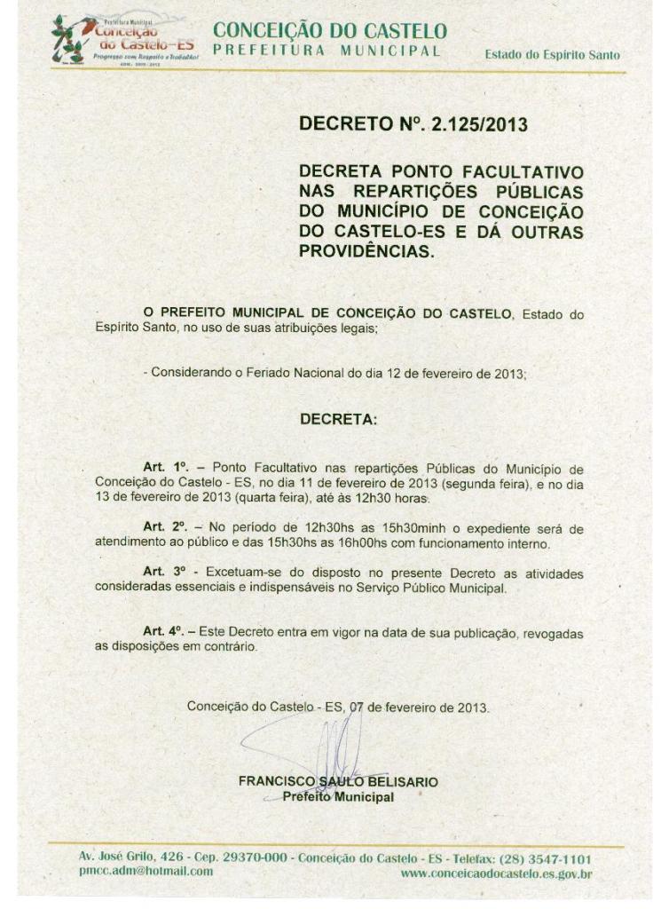 Prefeito Municipal decreta ponto facultativo nas repartiçoes públicas do município nos dias 11 e 13  