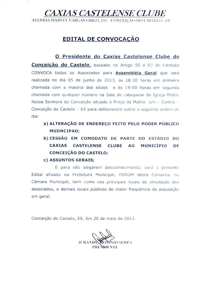 Caxias Castelense Cube convoca assembléia geral para todos os associados