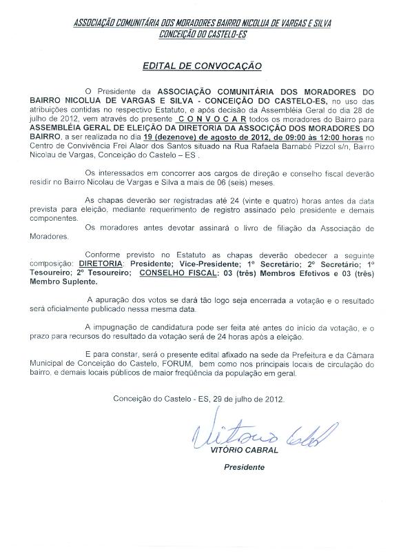 Associação Comunitária do Bairro Nicolau de Vargas convida para assembléia geral
