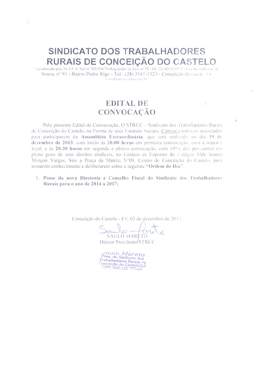 Sindicato dos Trabalhadores Rurais convoca os associados para Assembléia Extraordinária no dia 19 de dezembro