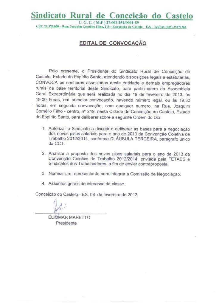 Sindicato Rural de Conceição do Castelo realiza edital de convocação no dia 19 
