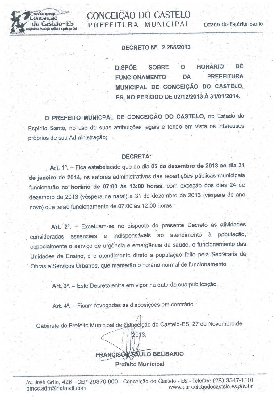 Prefeitura decreta horário de funcionamento de suas repartições públicas municipais