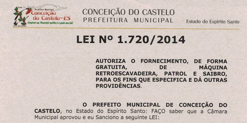 Prefeitura cria lei nº 1.720/14 para o fornecimento de forma gratuita de máquina retroescavadeira, patrol e saibro em incentivo ao produtor rural