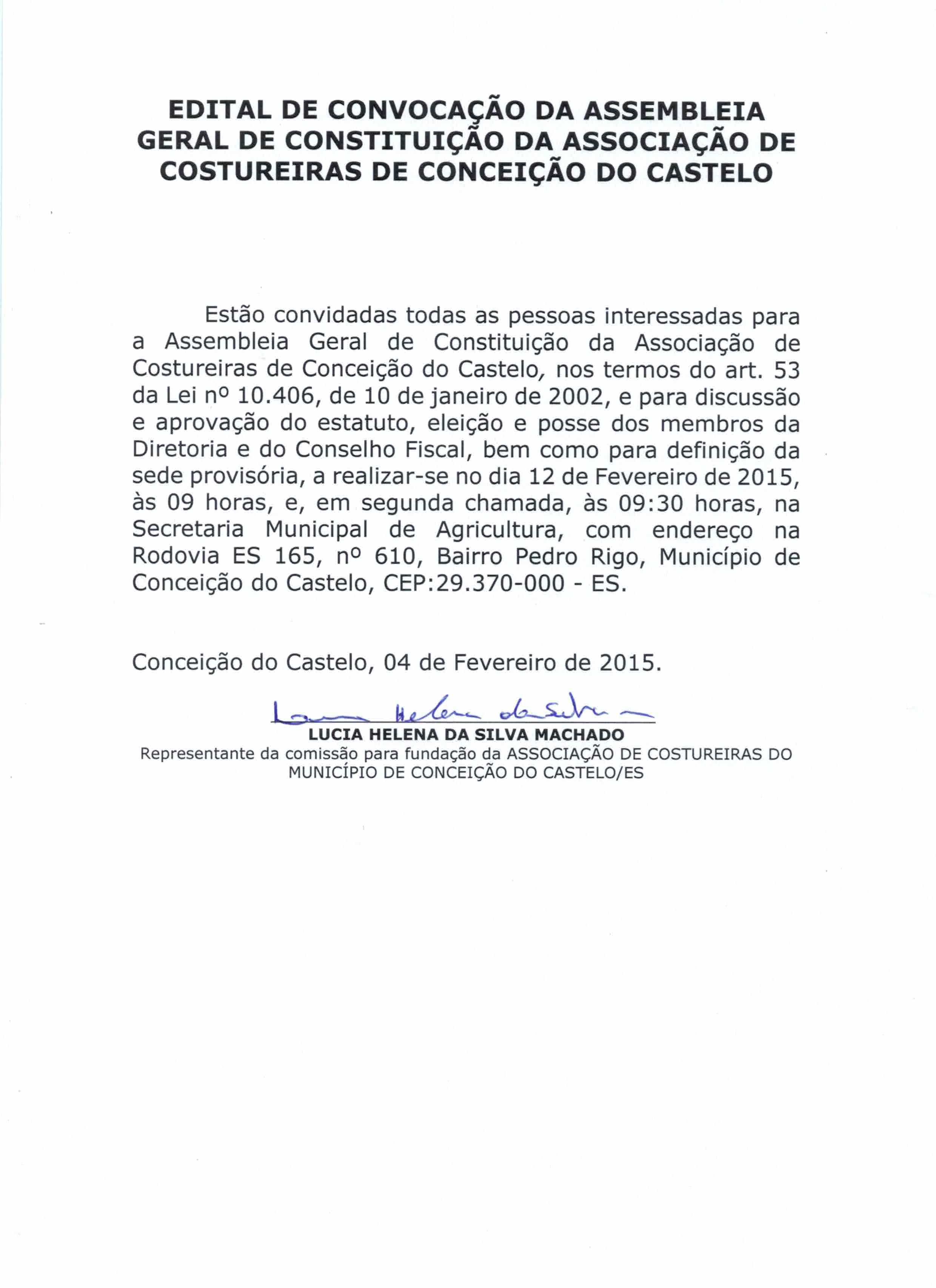 Edital de convocação para assembléia geral da Associação das Costureiras de Conceição do Castelo