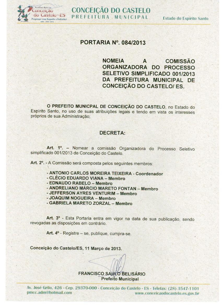 Prefeitura Municipal nomeia comissão organizadora do processo seletivo simplificado 001/2013