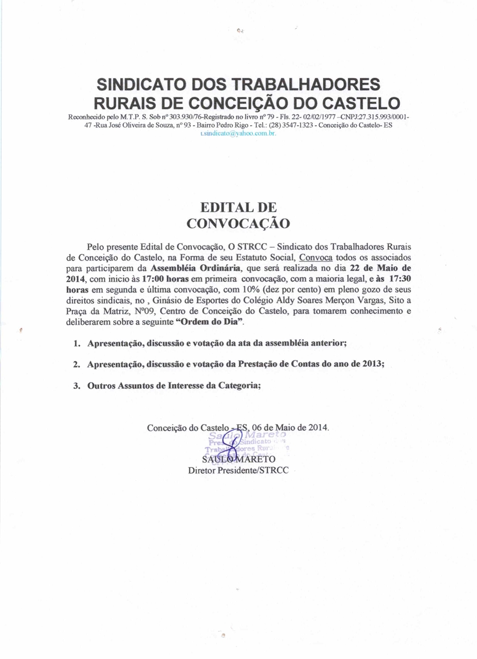 STRCC realiza assembléia ordinária no dia 22 de maio