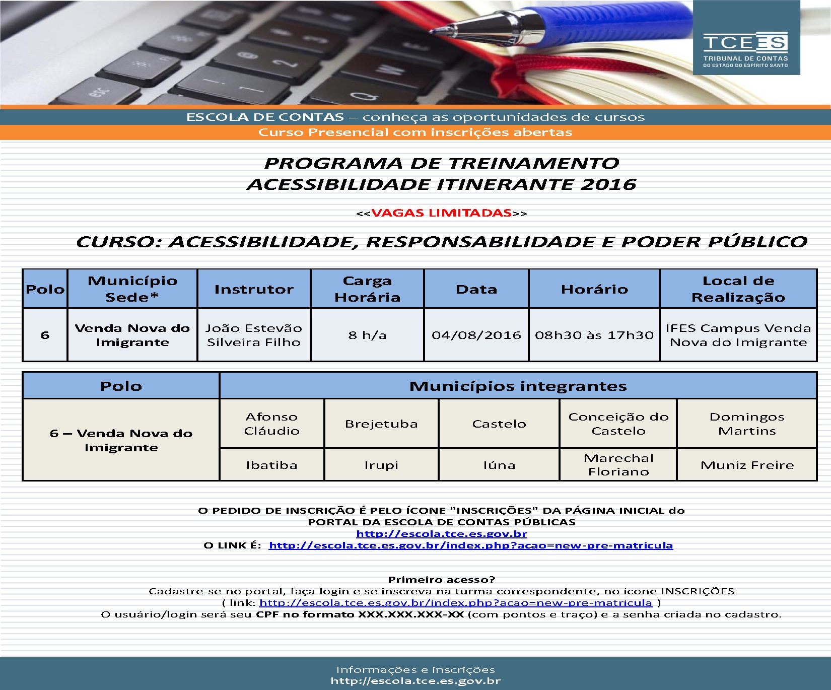 TCE/ES realiza Programa de Treinamento Acessibilidade Itinerante 2016 no dia 04 de agosto no IFES Campus Venda Nova do Imigrante