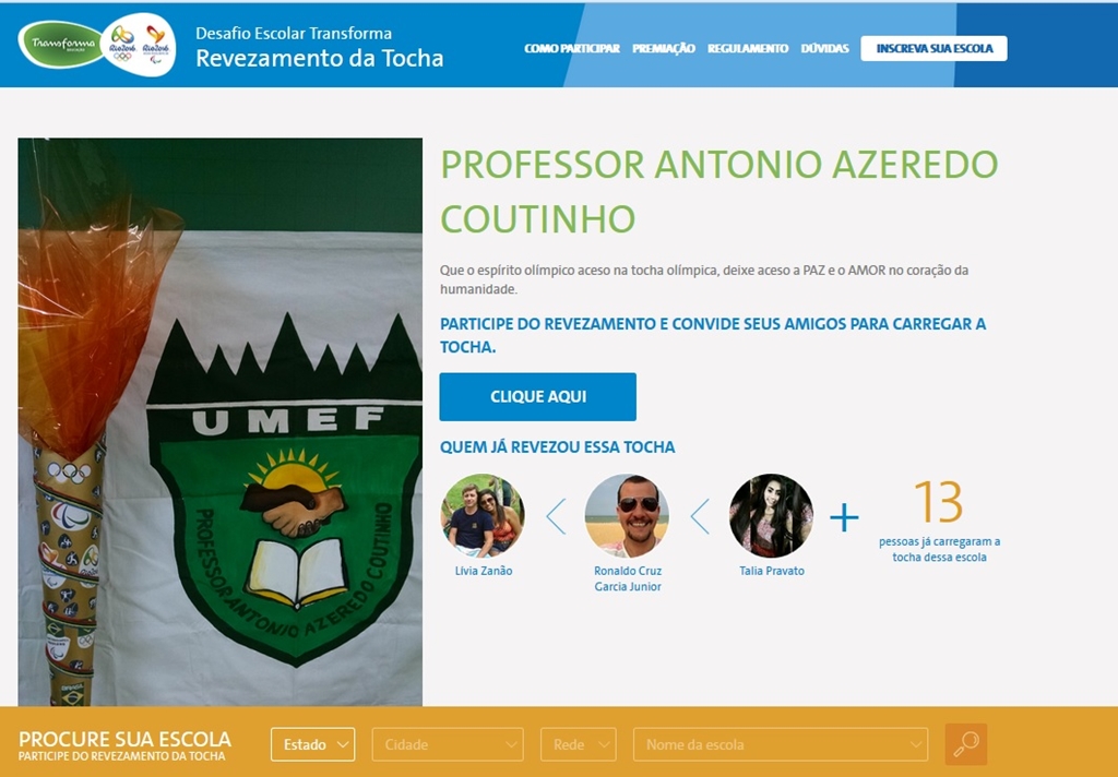 UMEF Azeredo Coutinho está participando do Desafio Escolar Transforma Revezamento da Tocha edição Rio 2016